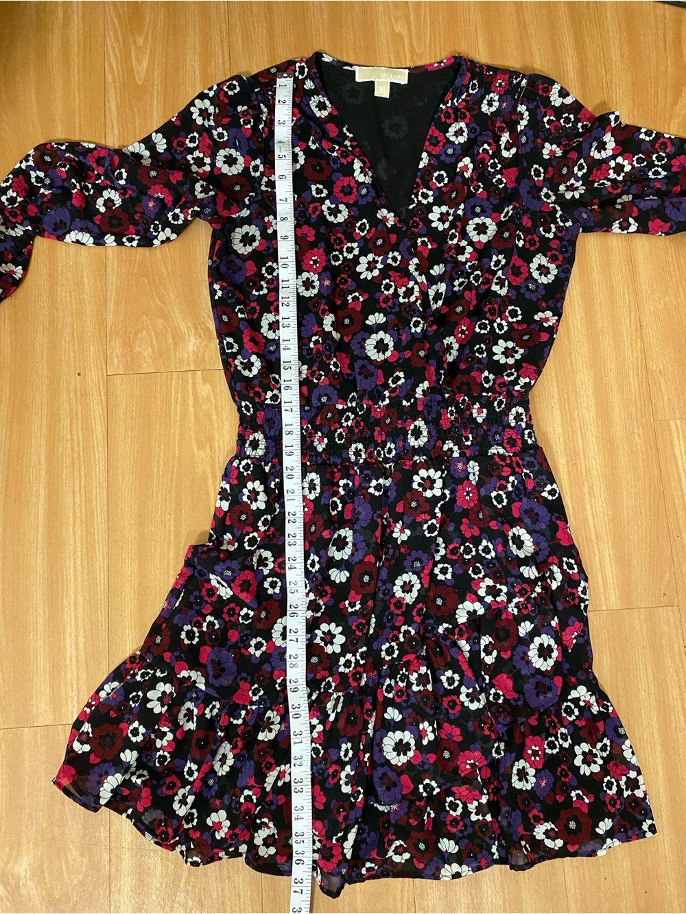 MICHAEL Michael Kors Floral Wrap Long-Sleeve Dress in Black, Magenta, Purple - Picture 9 of 12